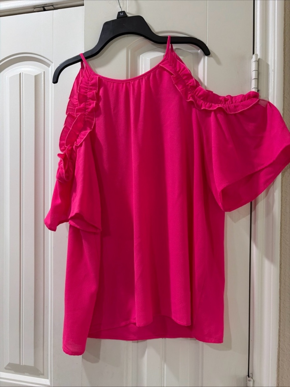 Staccato Hot Pink Cold-Shoulder Ruffle top
